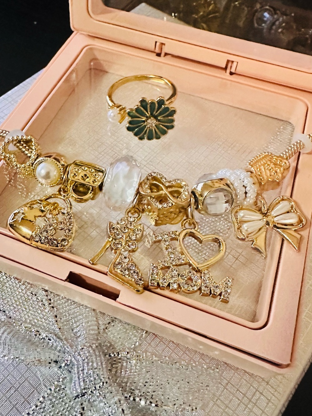 Mother's Love Bracelet and Ring with Pearl and Bow Accents